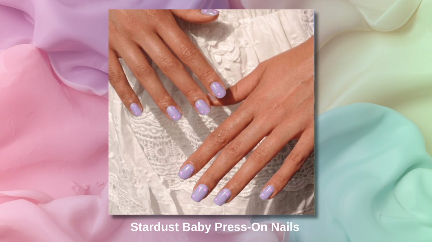 Lavender and lilac pastel manicure using EyeCandys Stardust Baby press-on nails for soft dreamy purple nail aesthetic