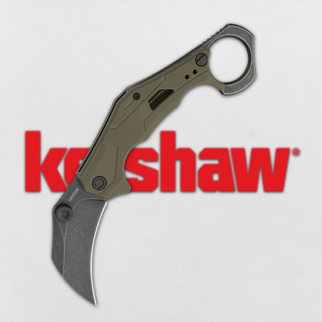 A curved knife with a green handle and Kershaw logo in the background.