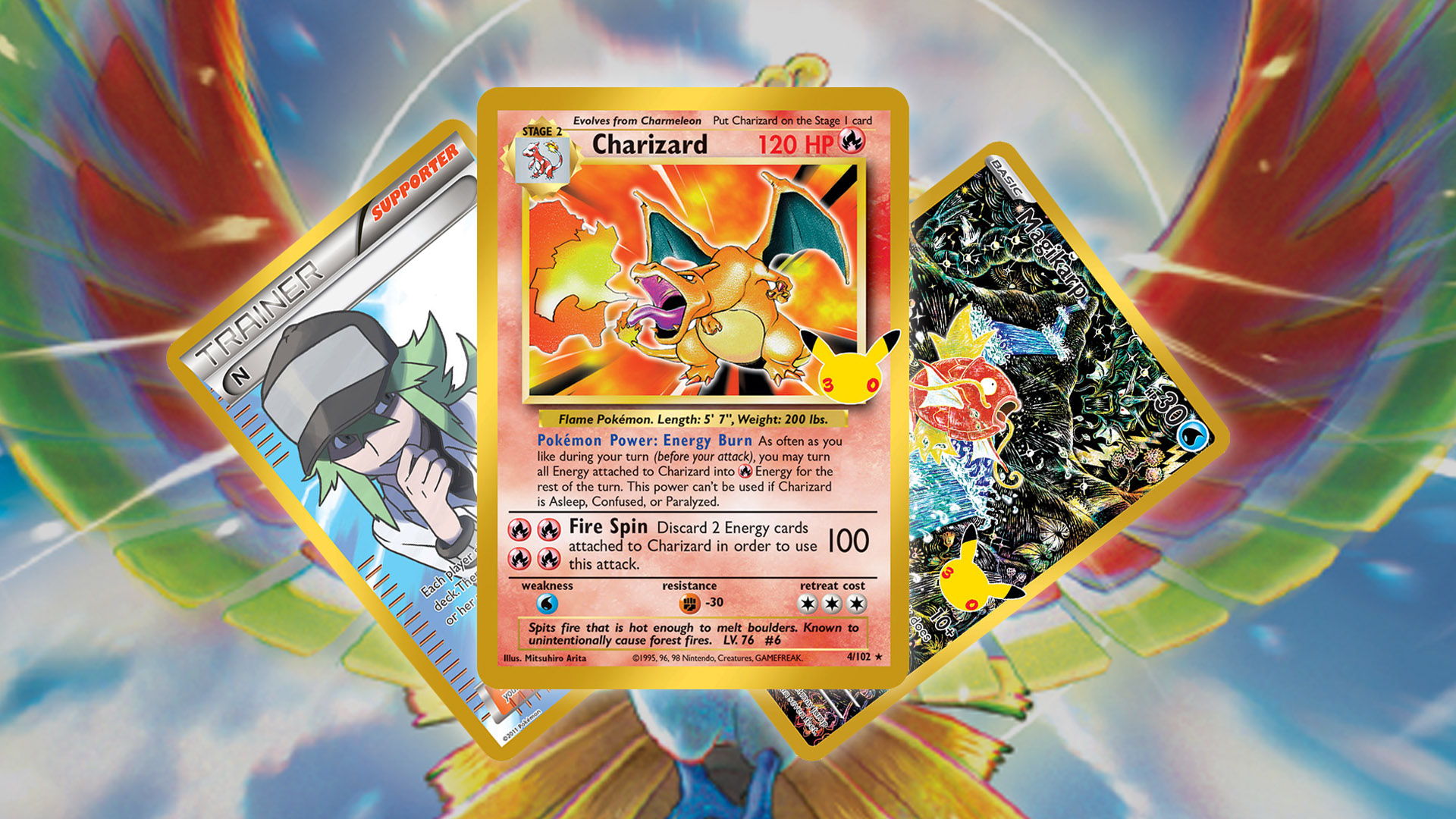 Base Set Charizard, N, and a Full Art Magikarp that have been reprinted in the Pokémon TCG's 30th Celebration Classic Collection.