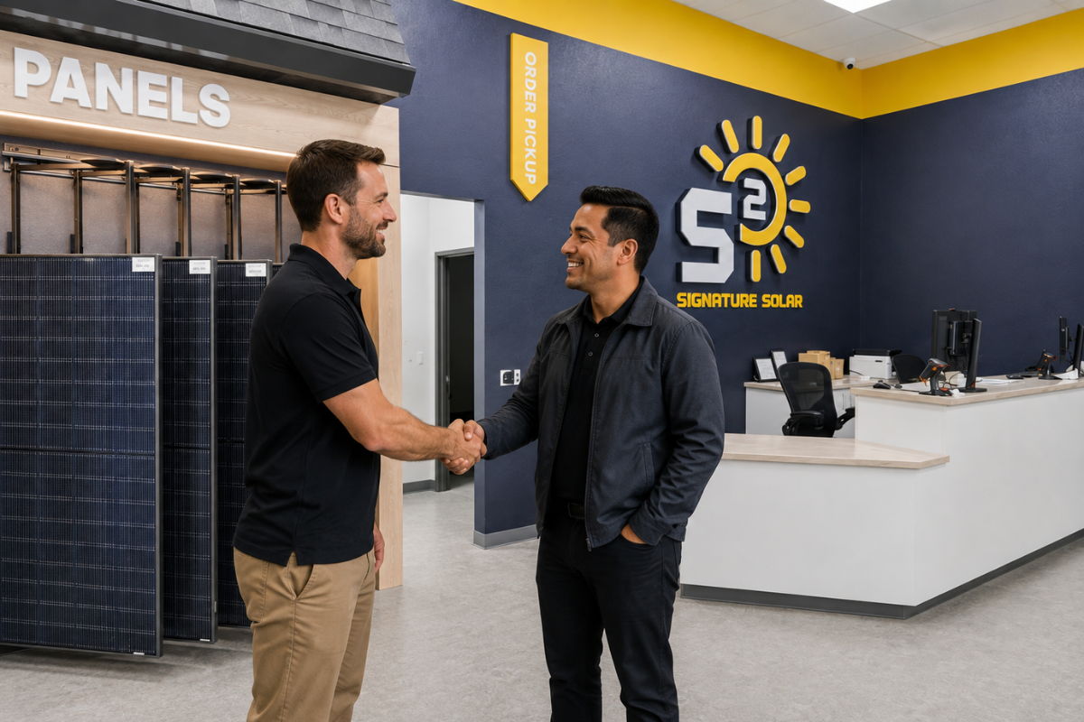 Two men shaking hands in a modern office with solar panels displayed.