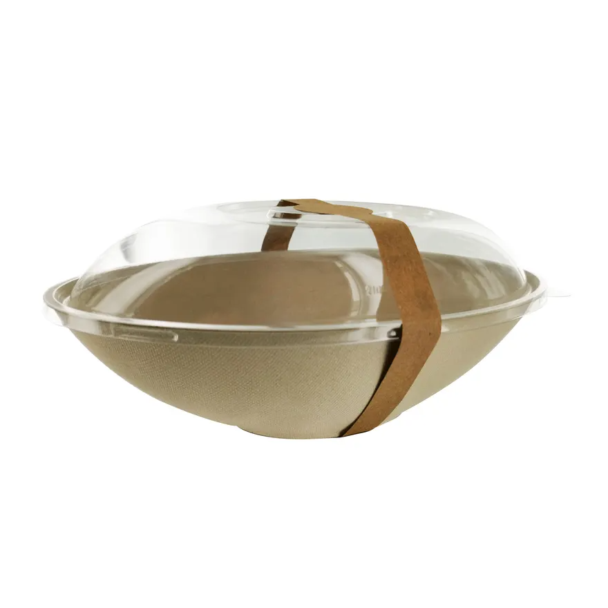 A brown sugarcane bowl with a clear lid and an adhesive wrap