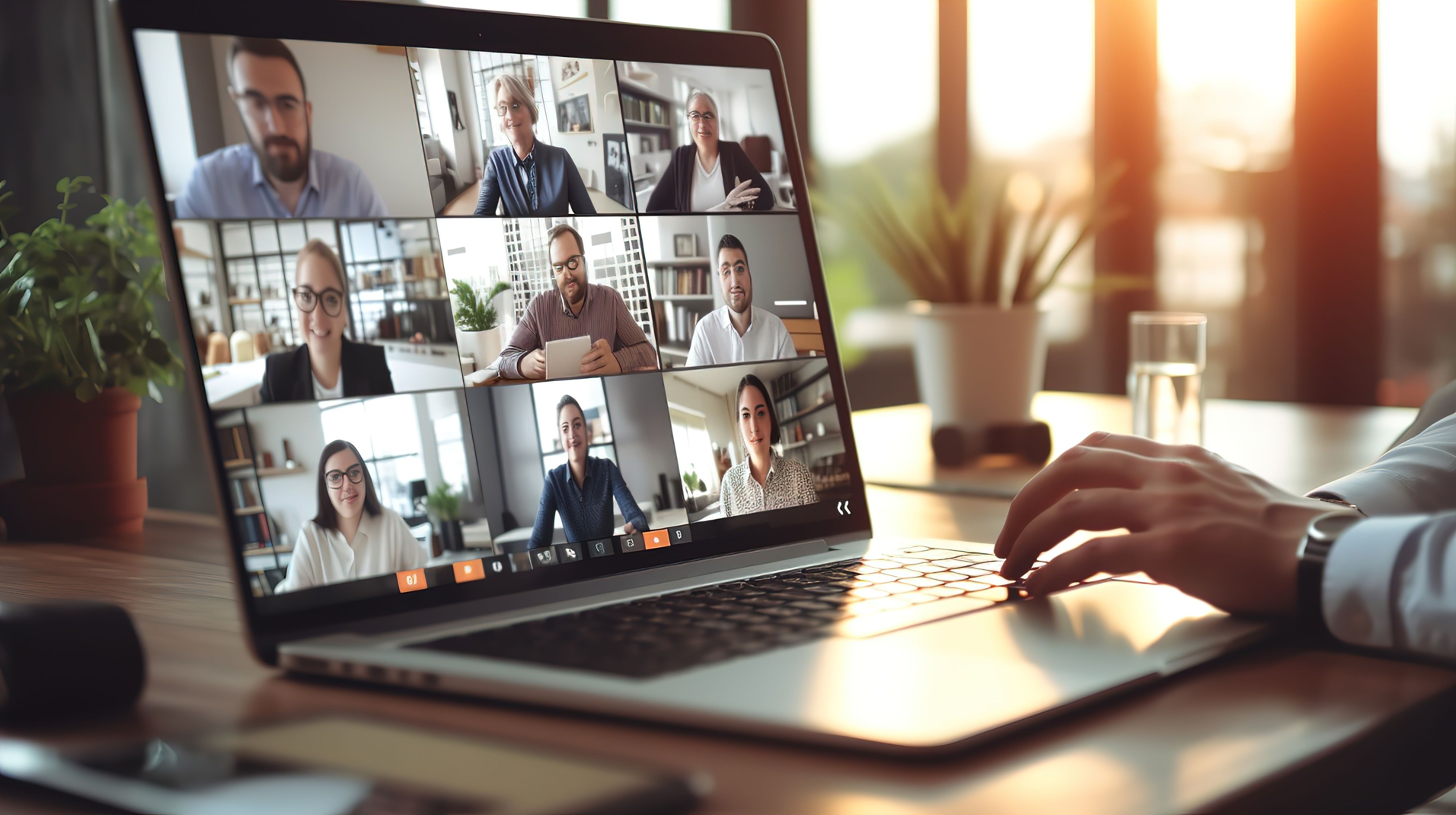 Person attending a virtual meeting on a laptop with multiple participants displayed.