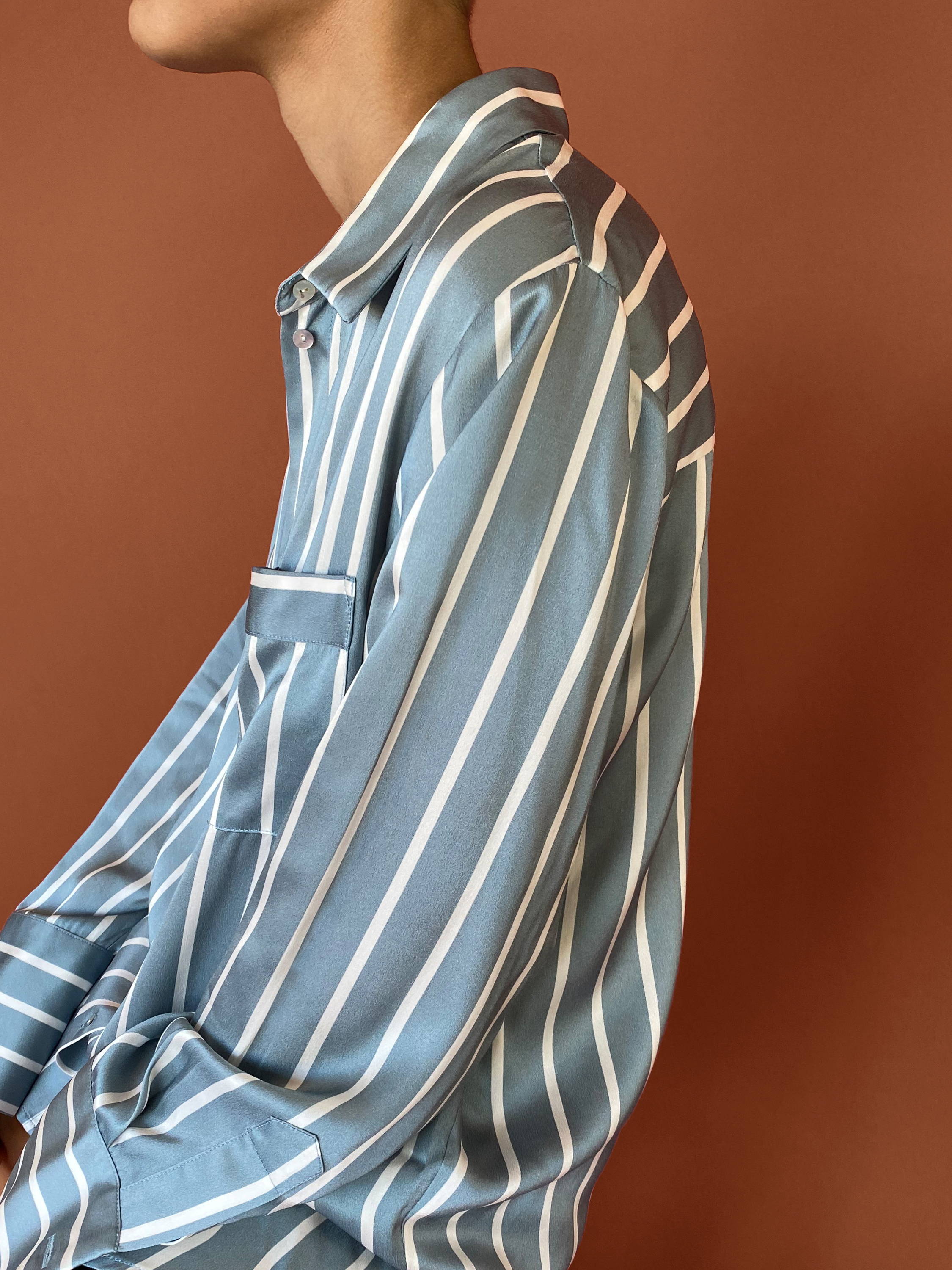 Dust blue stripe silk pyjama set 