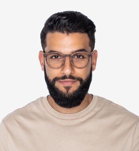 man with oval face shape wearing Cheer Rose, wooden round frames, on a white background