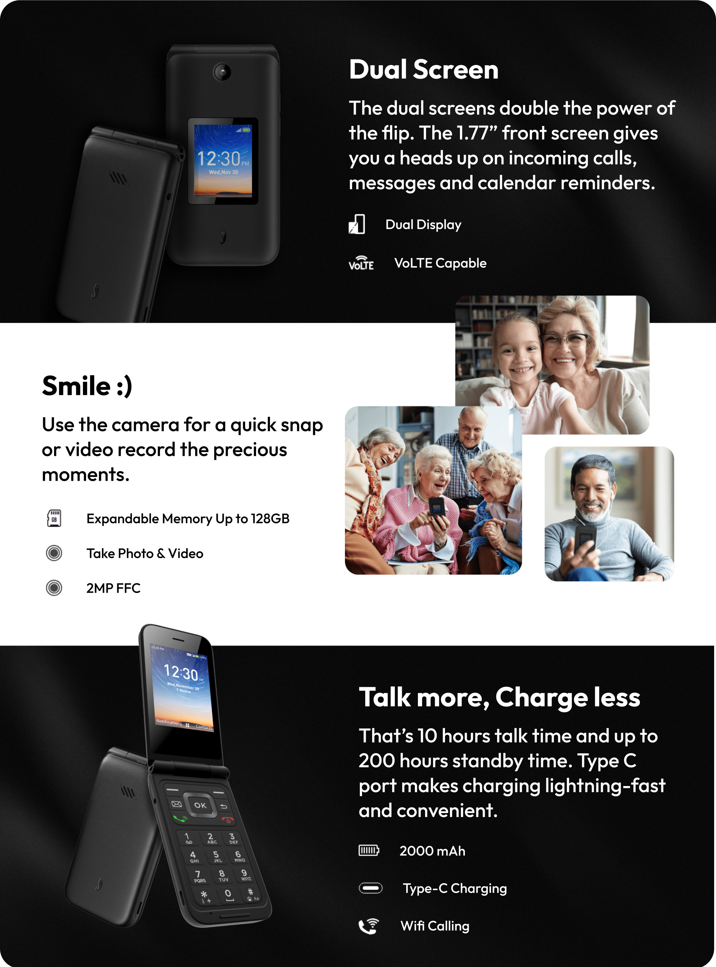 Grandparents using smart flip phone with large display, dual screen, and long battery life to connect with friends and family. 
