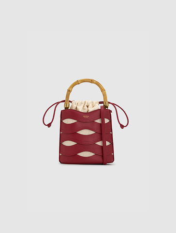 Red leather bag with brown wooden handle