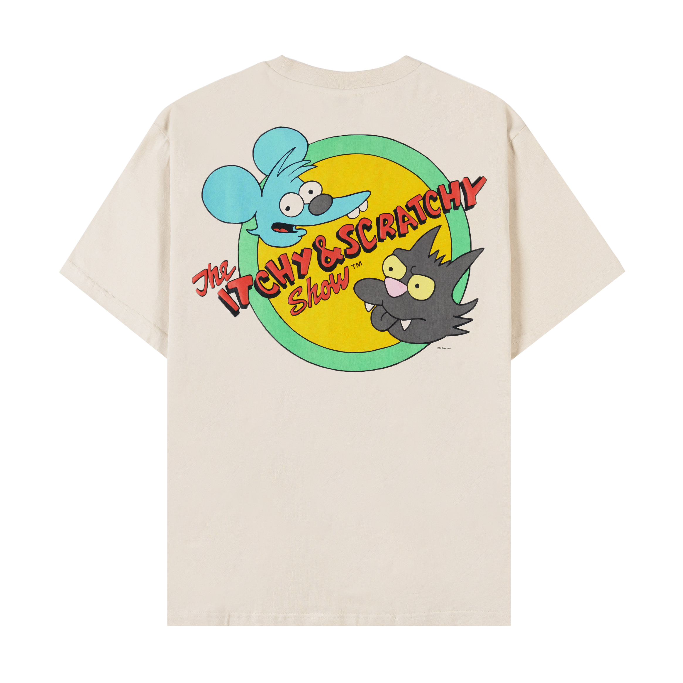 Beige t-shirt featuring cartoon characters and colorful graphics.