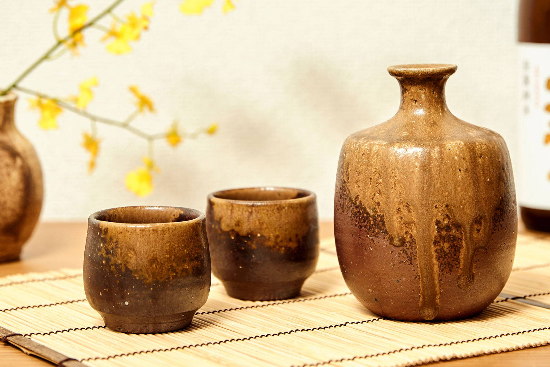 Service à thé japonais en fonte noire, motif traditionnel pins