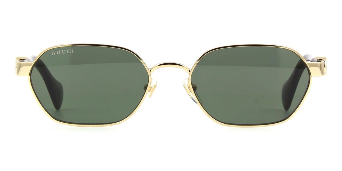 A pair of gold-framed sunglasses with dark green lenses.