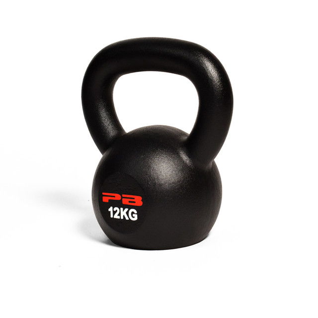 Black kettlebell labeled 12KG on a white background.