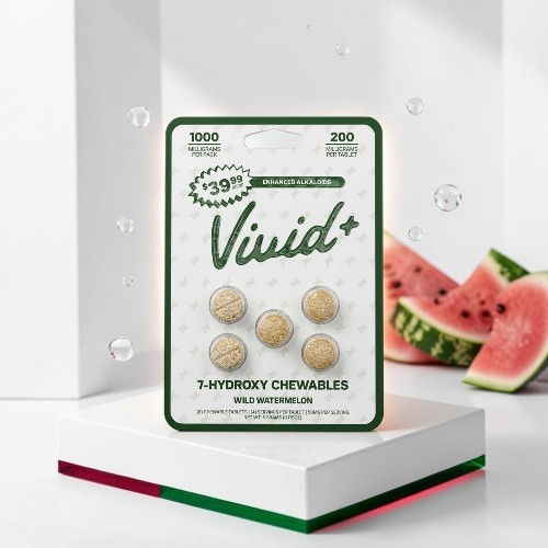 Vivid+ product packaging with hydroxy chews and watermelon slices in the background.