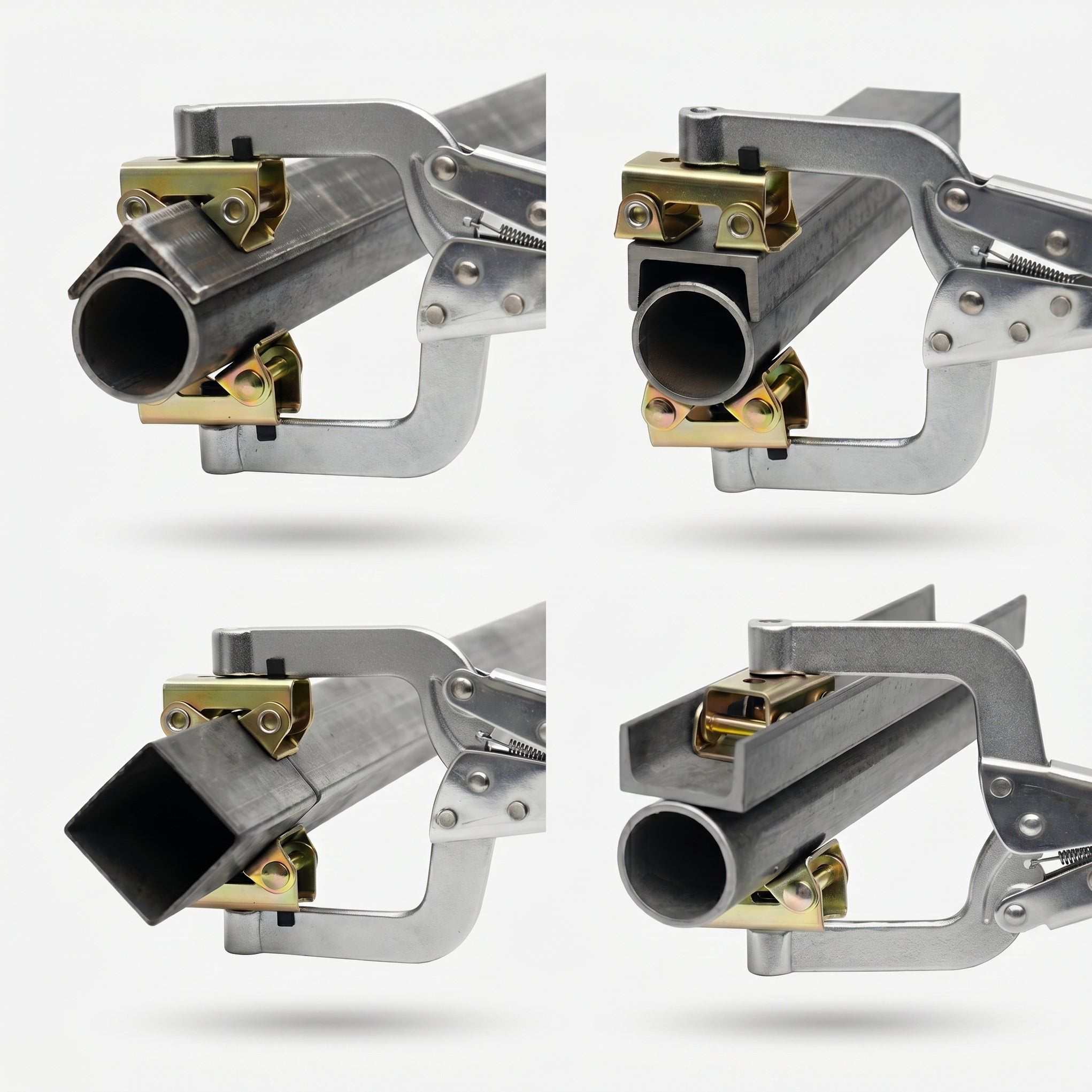 Four images of a metal tool with interchangeable attachments.