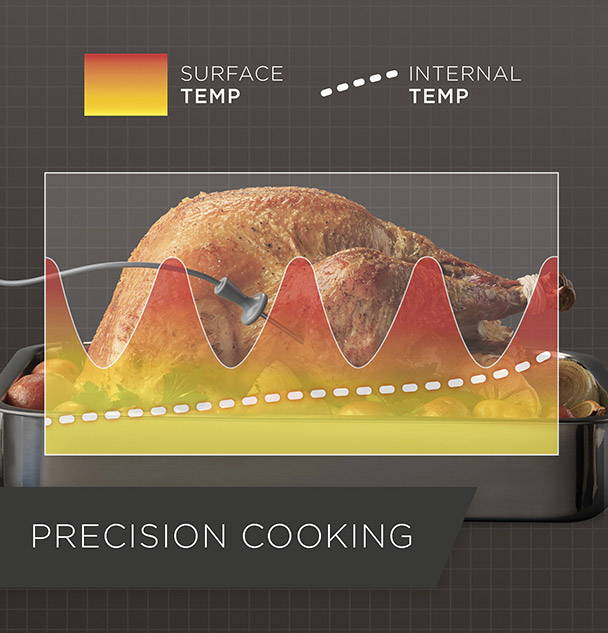 Illustration of precision cooking modes showing  surface temperature and internal temperature
