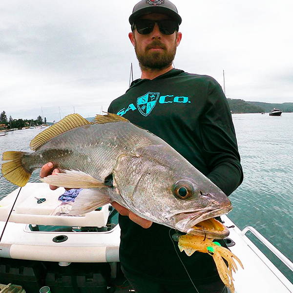 Blake Foster on a boat holding up a large fish to the camera while wearing an SA Company hooded performance shirt, sunglasses and a hat.