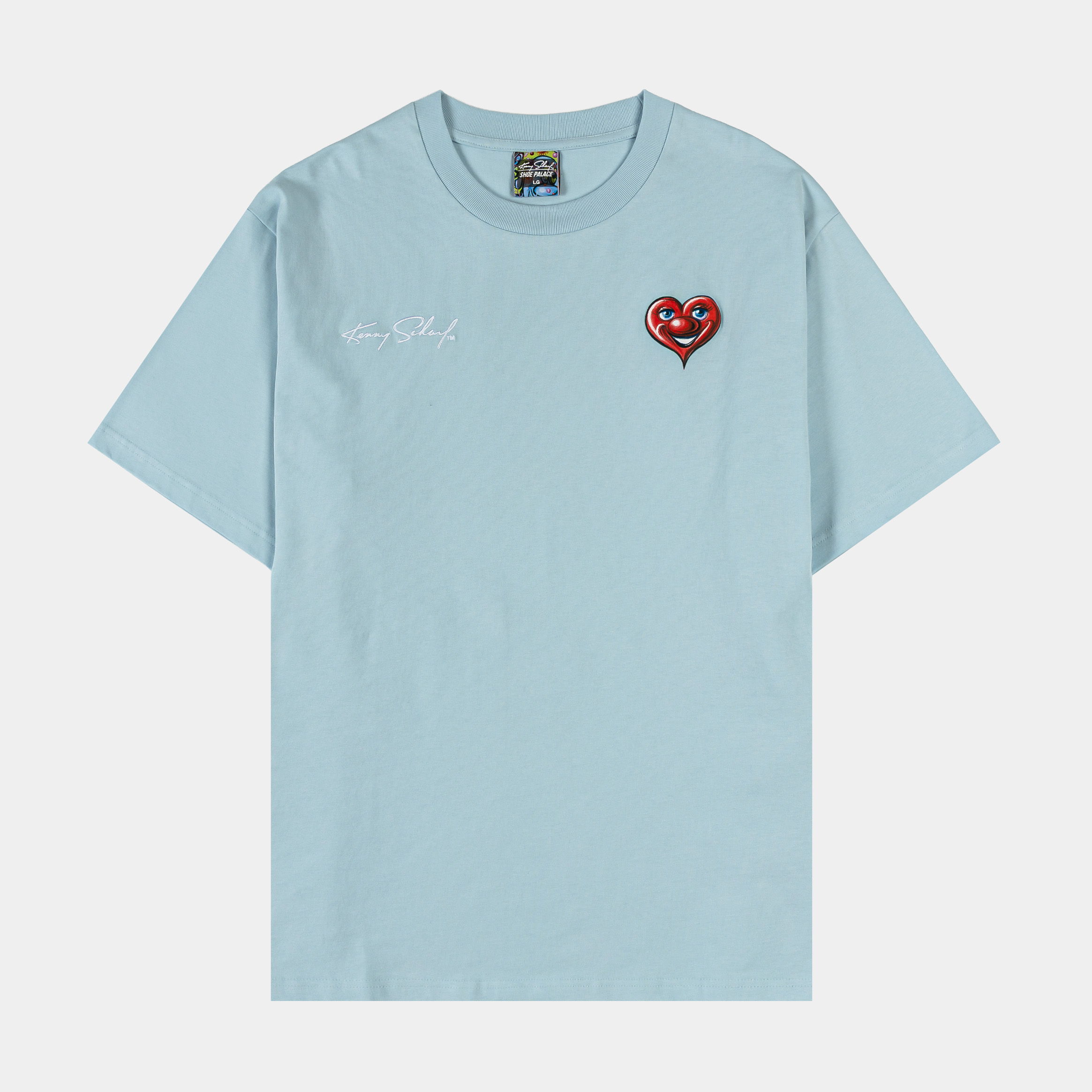 Light blue t-shirt with a red heart design on the chest.