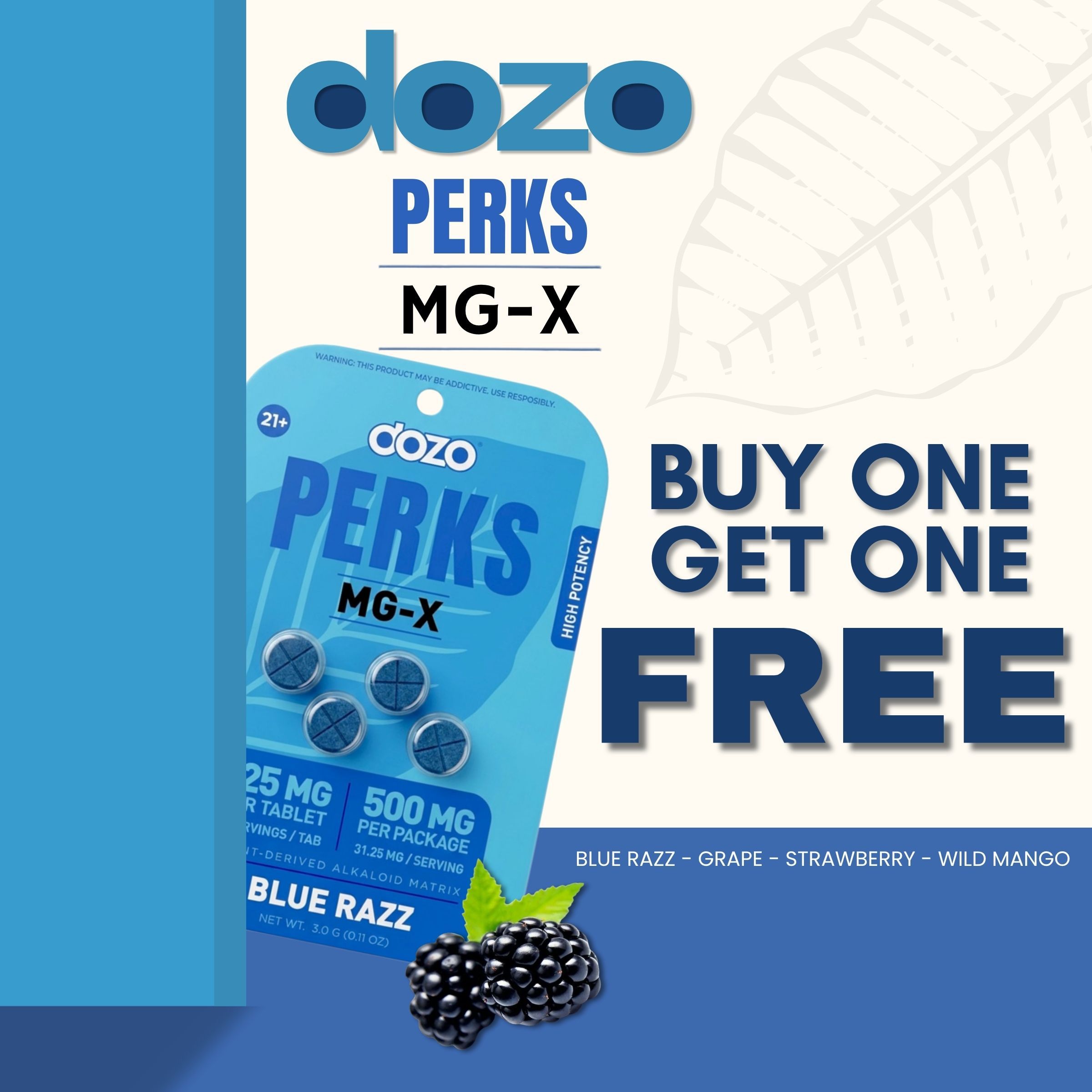 Dozo Perks MG-X gummies, buy one get one free, blue razz flavor.