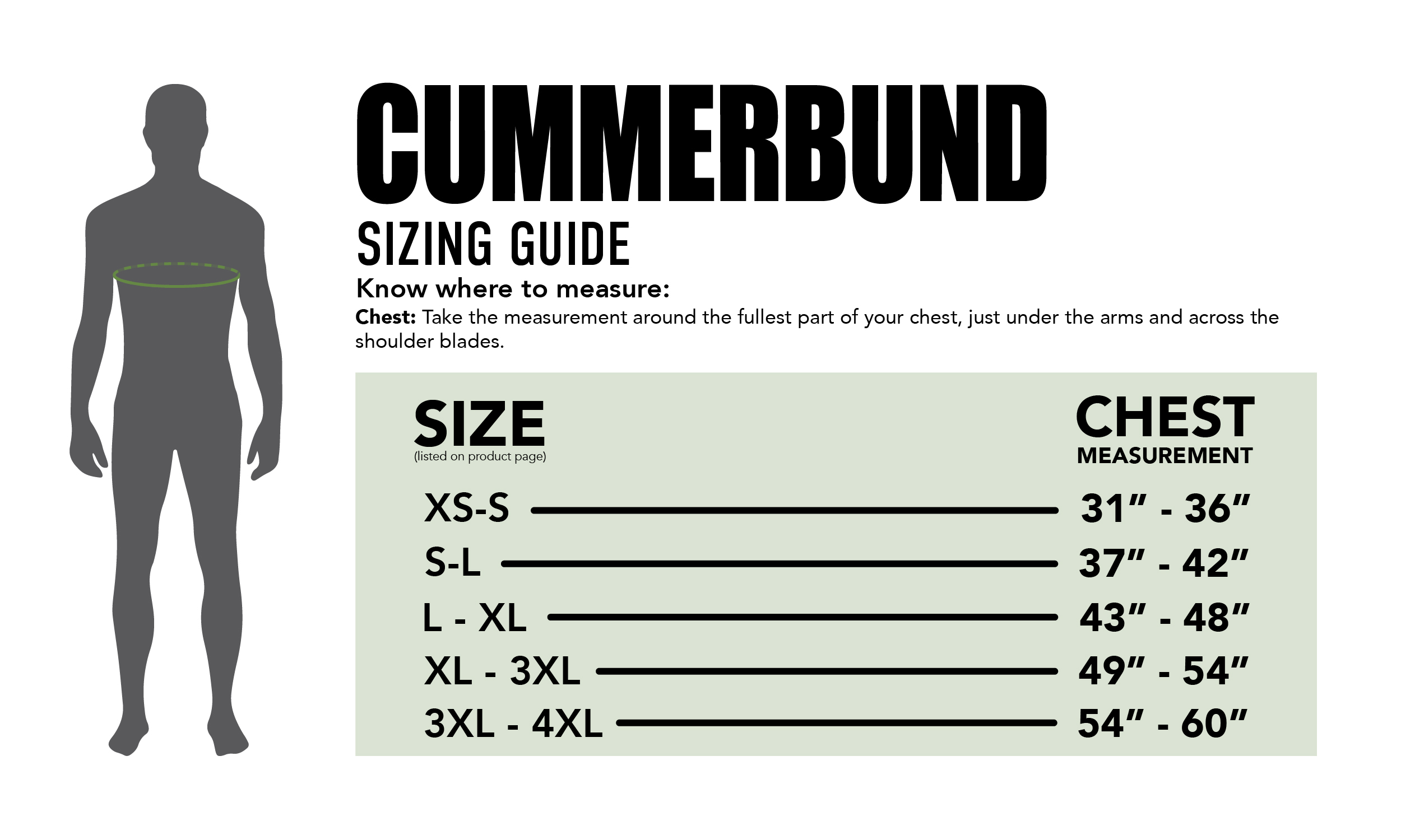 Cummerbund sizing guide with size and chest measurement information.