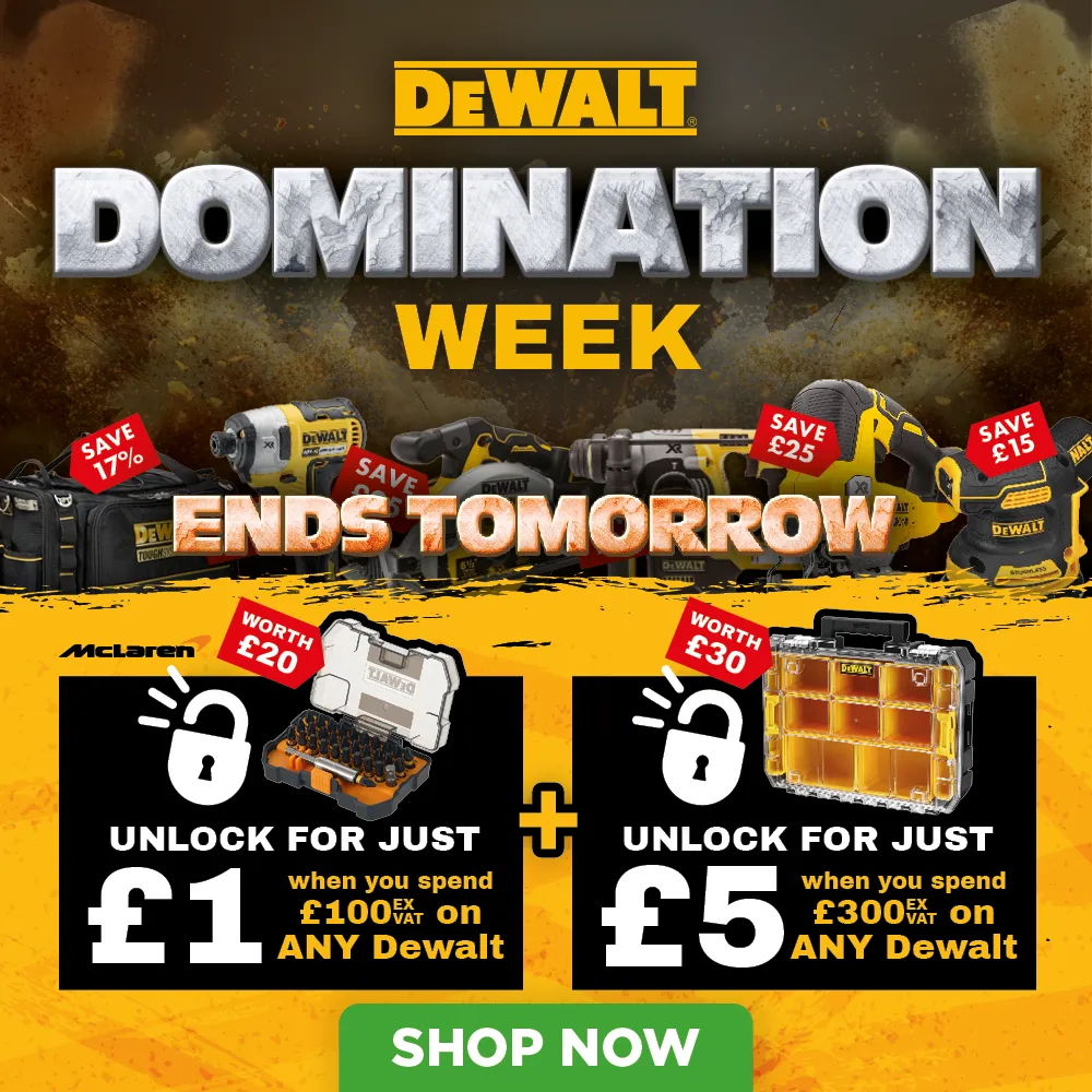 Dewalt promotion for Domination Week with special offers and urgency.