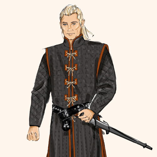 Character in a dark robe holding a sword, with long blonde hair.