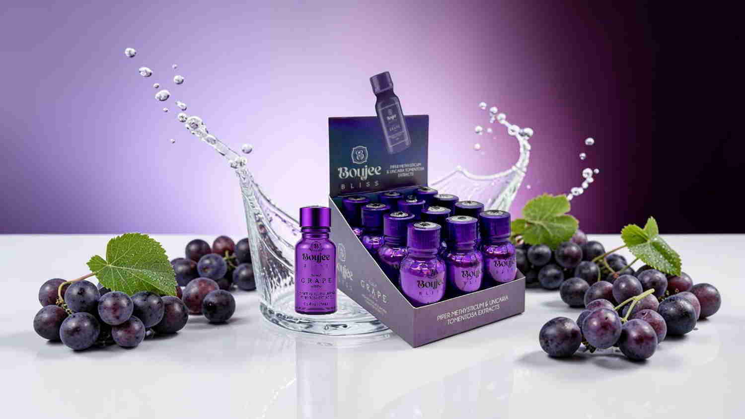 Purple bottles surrounded by grapes and water splashes on a reflective surface.
