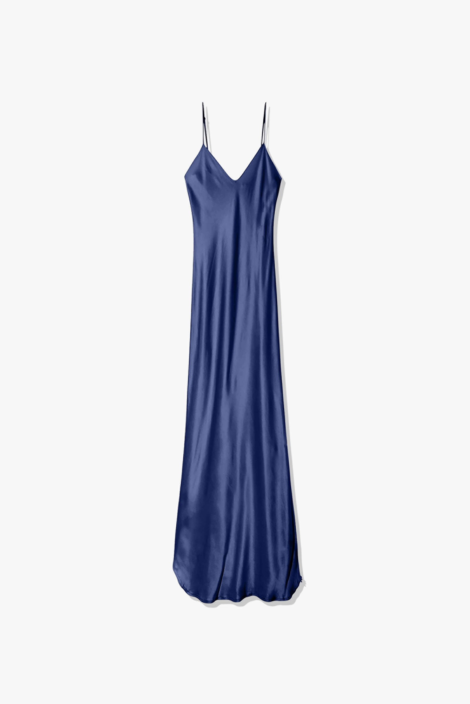 Long blue satin dress with thin straps.