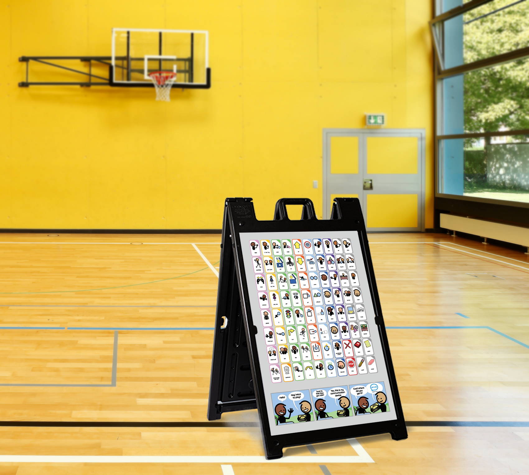 A-frame communication board in a gymnasium