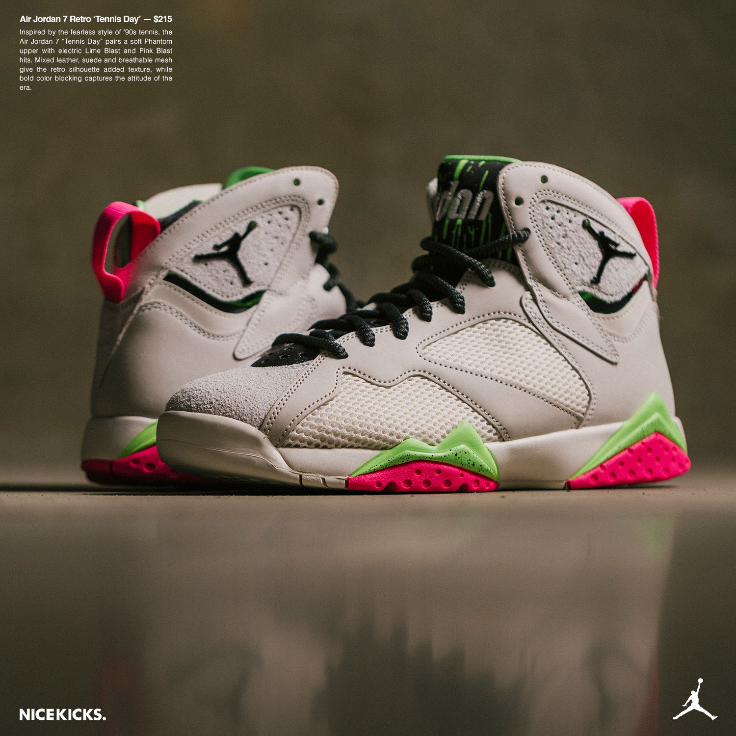 A pair of Jordan 7 sneakers with vibrant colors.