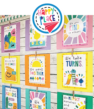 Colorful classroom decorated with Happy Place Mini Posters