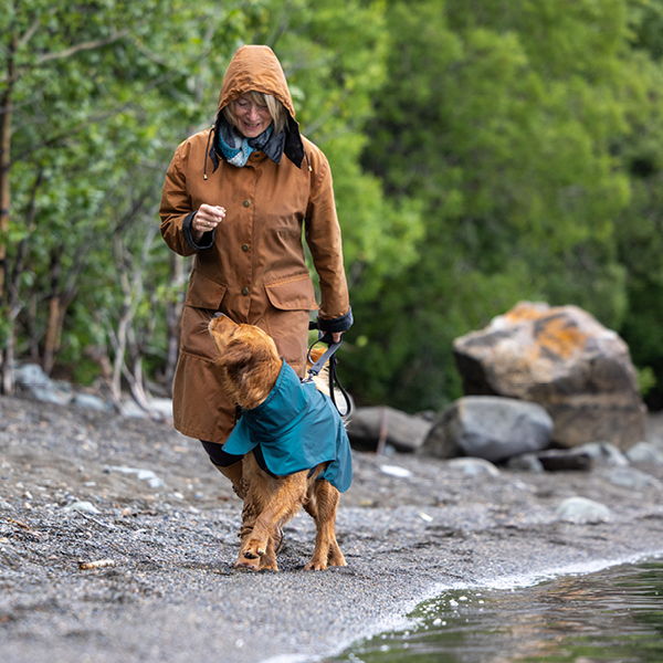 A person walking a dog along a riverbank in nature.