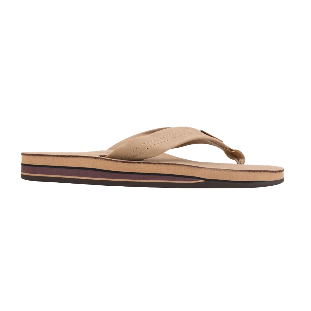 A tan flip-flop sandal with a layered sole.
