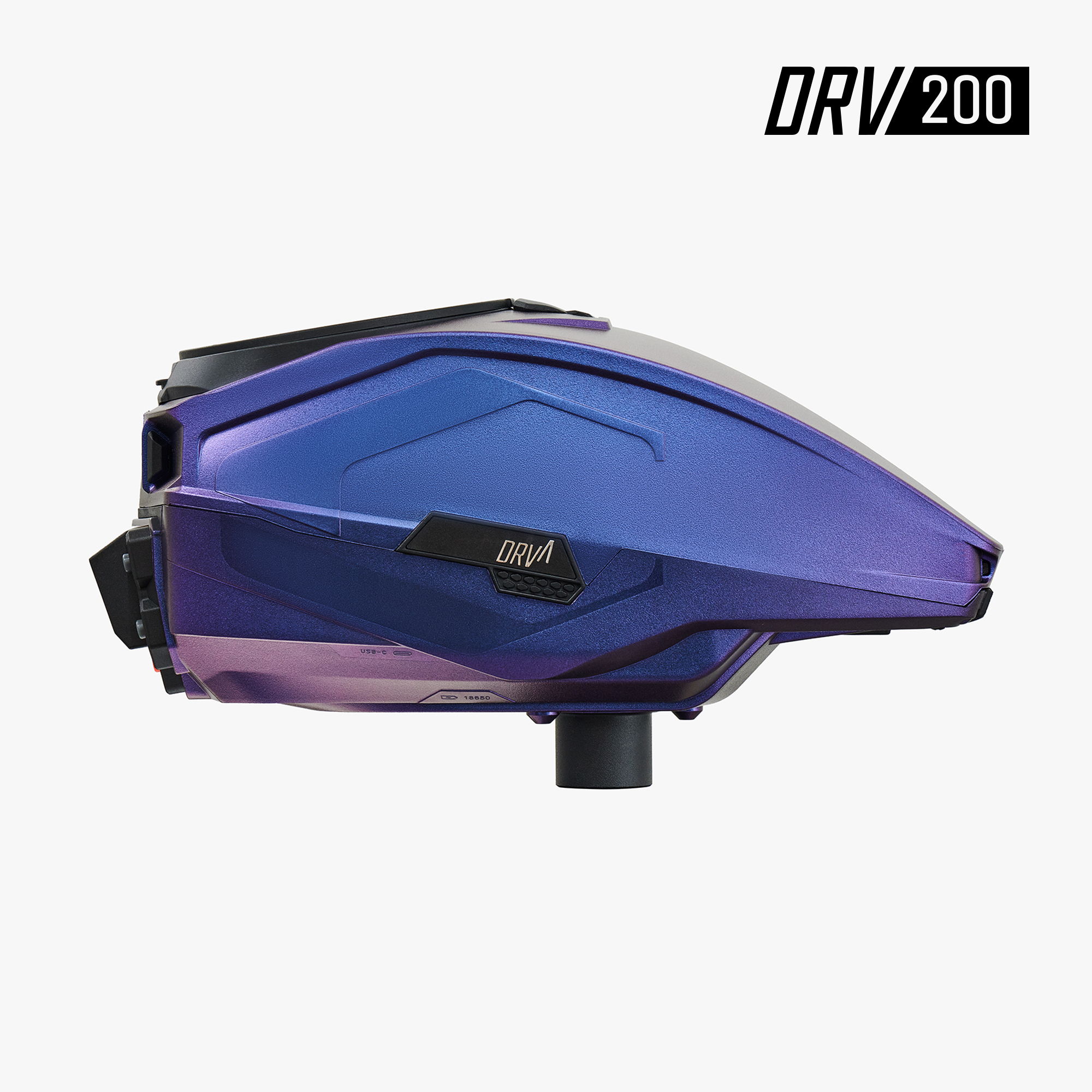 Blue and purple paintball hopper with DRV200 branding.
