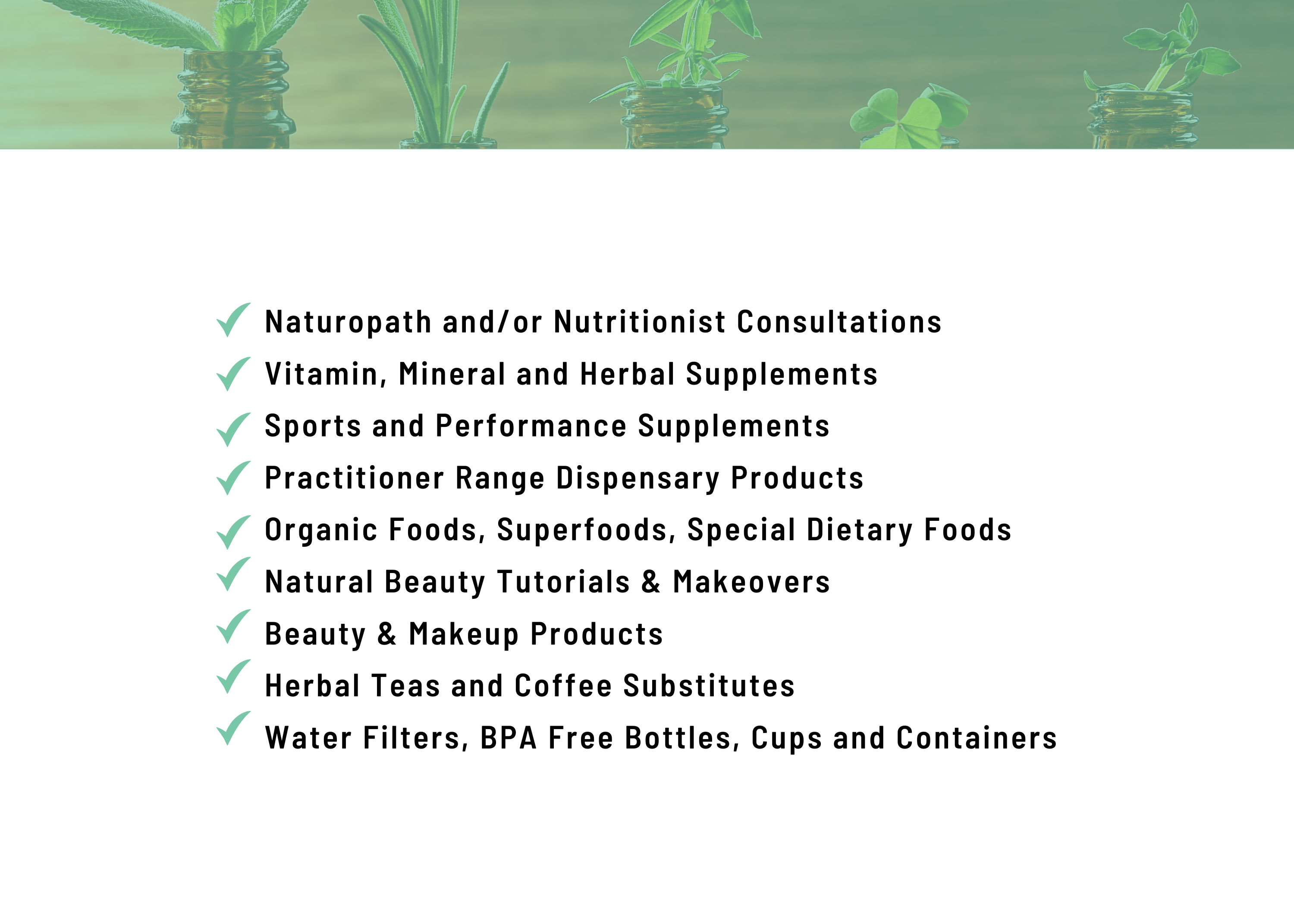 List of health and wellness services and products offered.