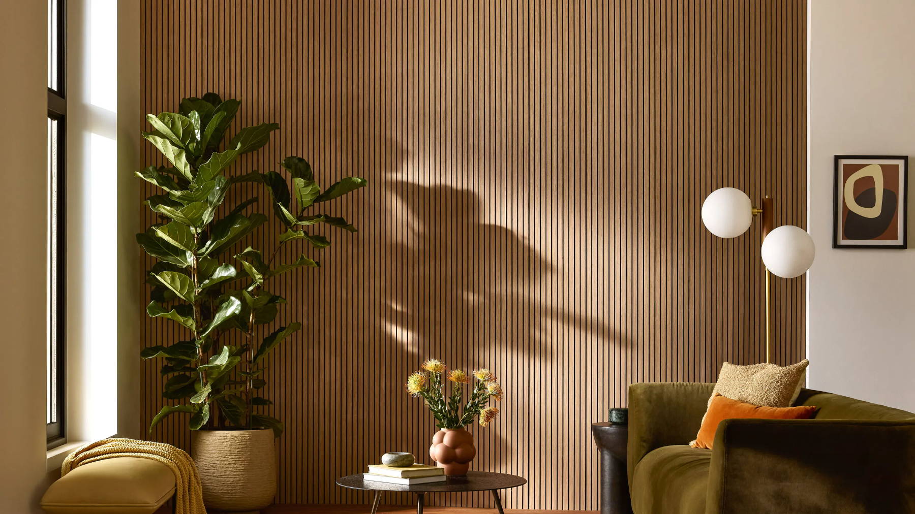 DJH Ultraflex panels in Walnut in a living room space on a curved wall
