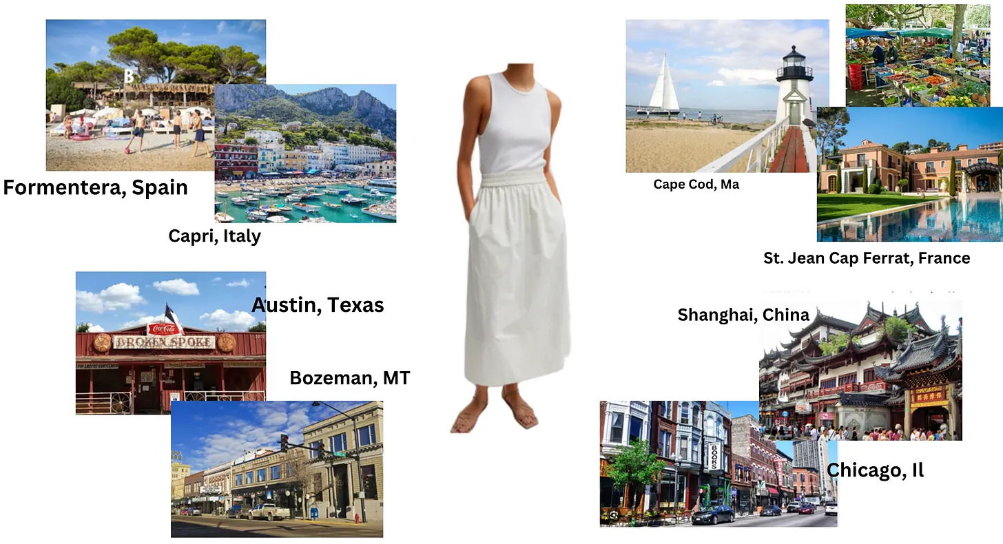 Travel destinations with a model wearing a white outfit.