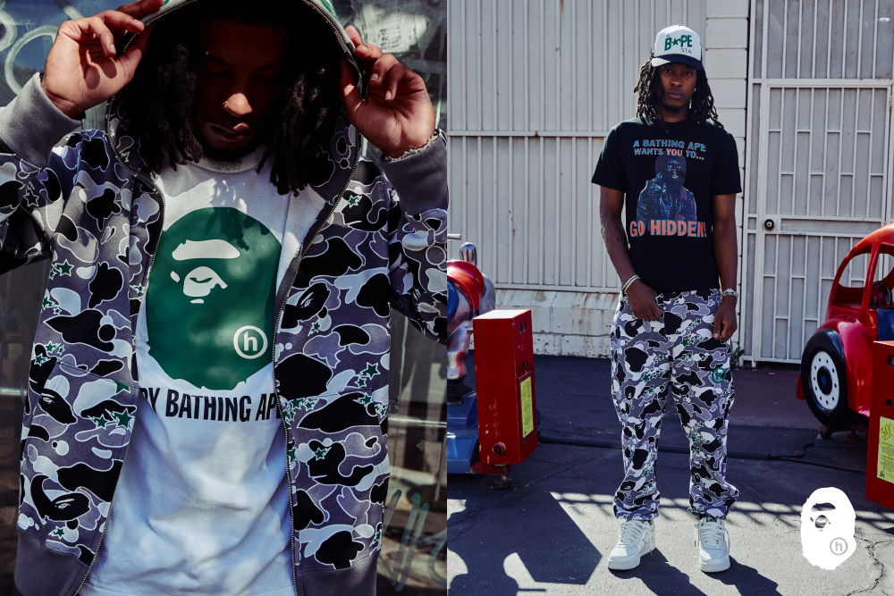 Person wearing camo clothing and a green logo t-shirt, striking poses outdoors.