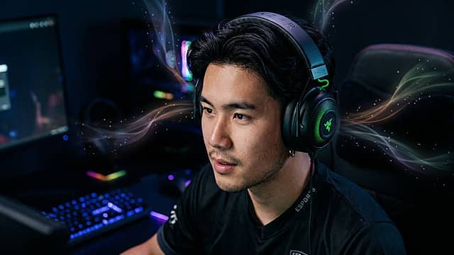 A gamer wearing headphones, focused on a computer screen in a dark setting.