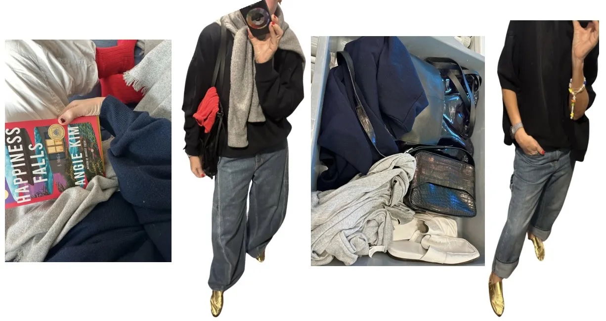 Casual outfit with clothing items and accessories displayed in a collage format.