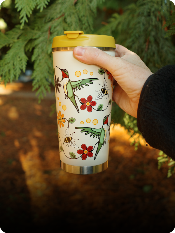Hummingbird (Nenookaasi) 18oz Art Travel Mug by Storm Angeconeb, Lac Seul First Nation, Ojibwe