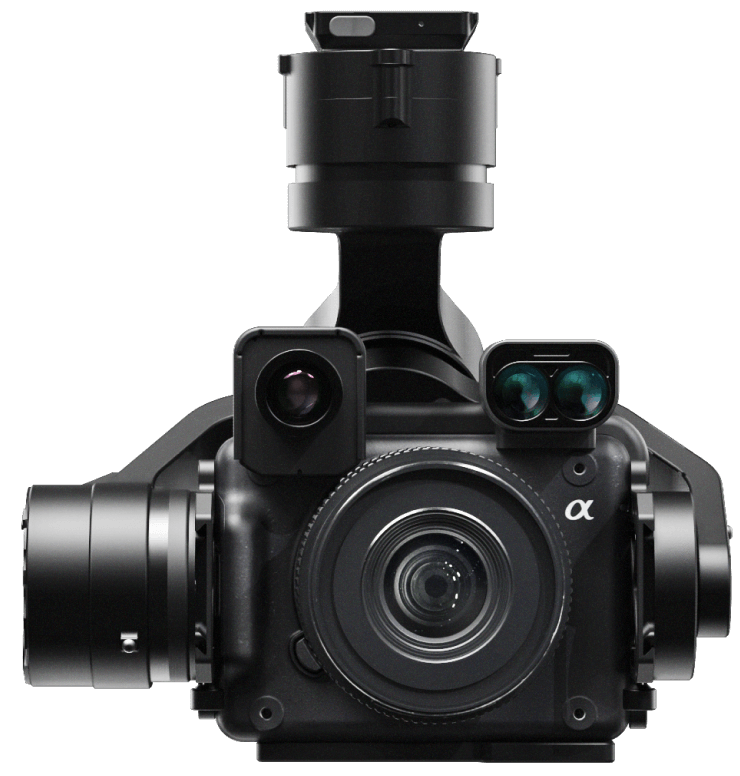 A black camera with multiple lenses and electronic viewfinder.