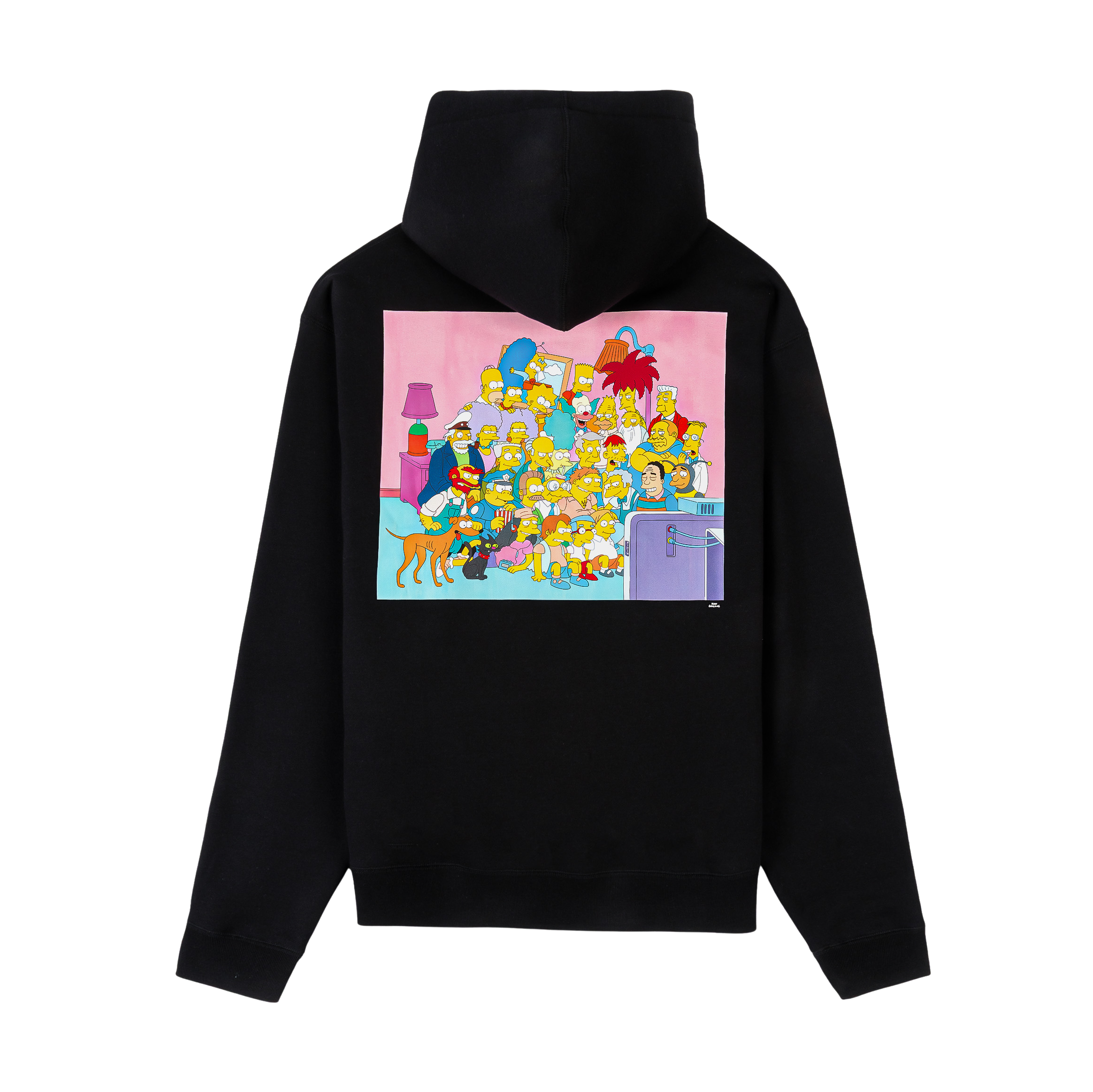 Black hoodie with cloud and sun graphic design on the front.