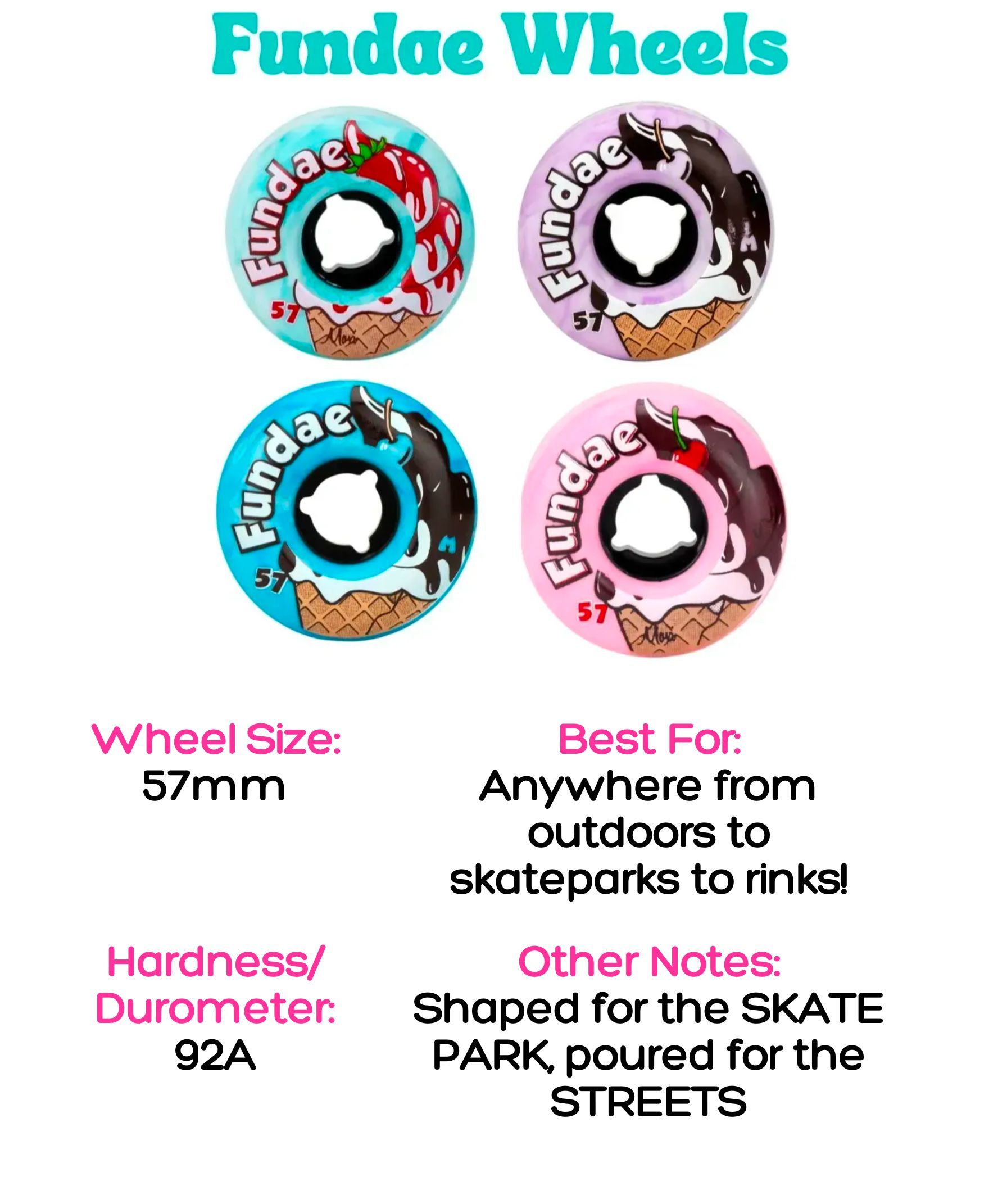 fundae wheels, 57mm, 92A hardness, best for anywhere from outdoors to skateparks and rinks, shaped for the skate park, poured for the streets.