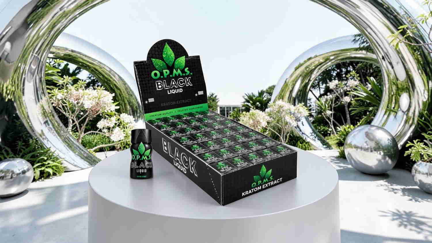 Display of product boxes with a green leaf logo in a serene setting.