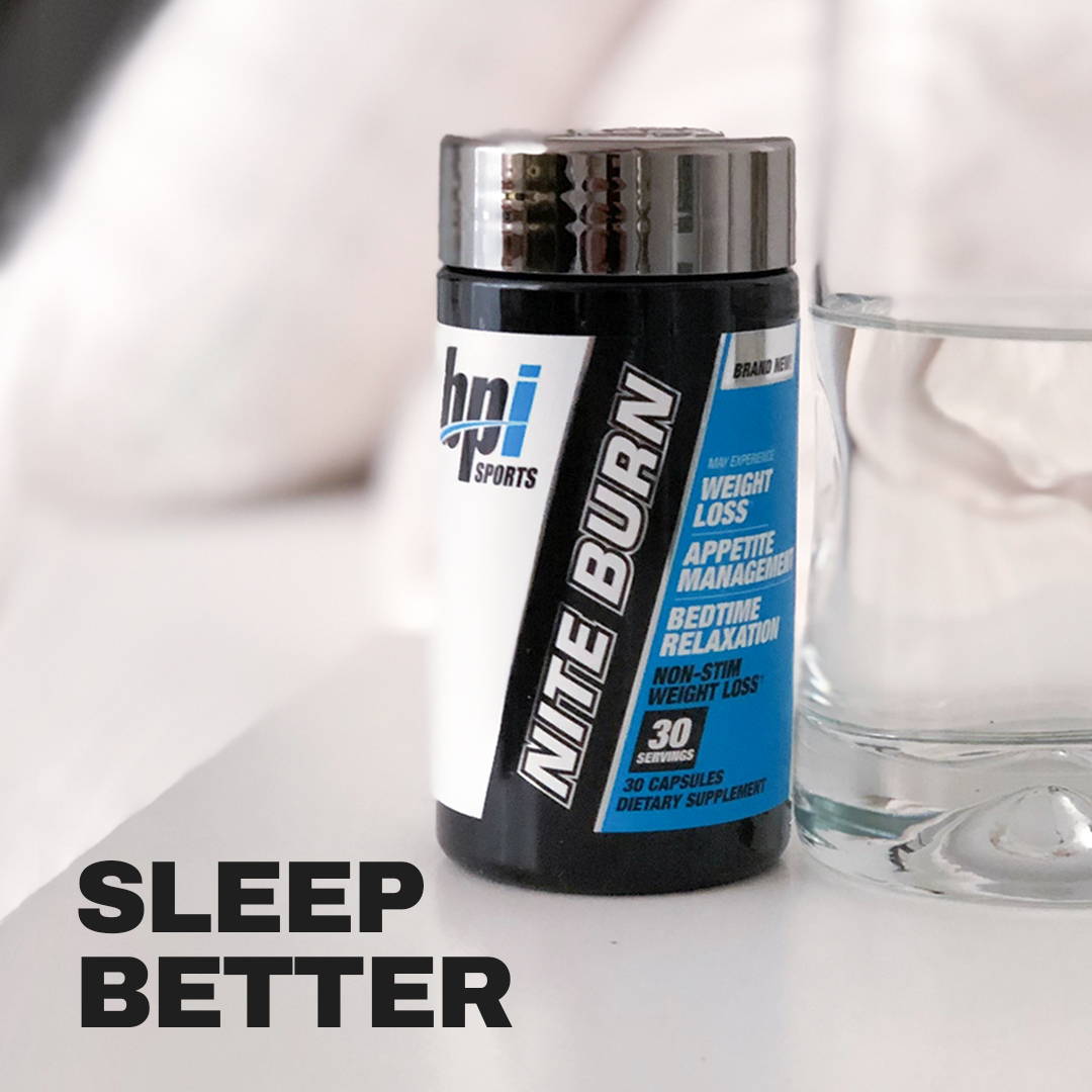 Nite Burn bottle next to a glass of water. Sleep Better.