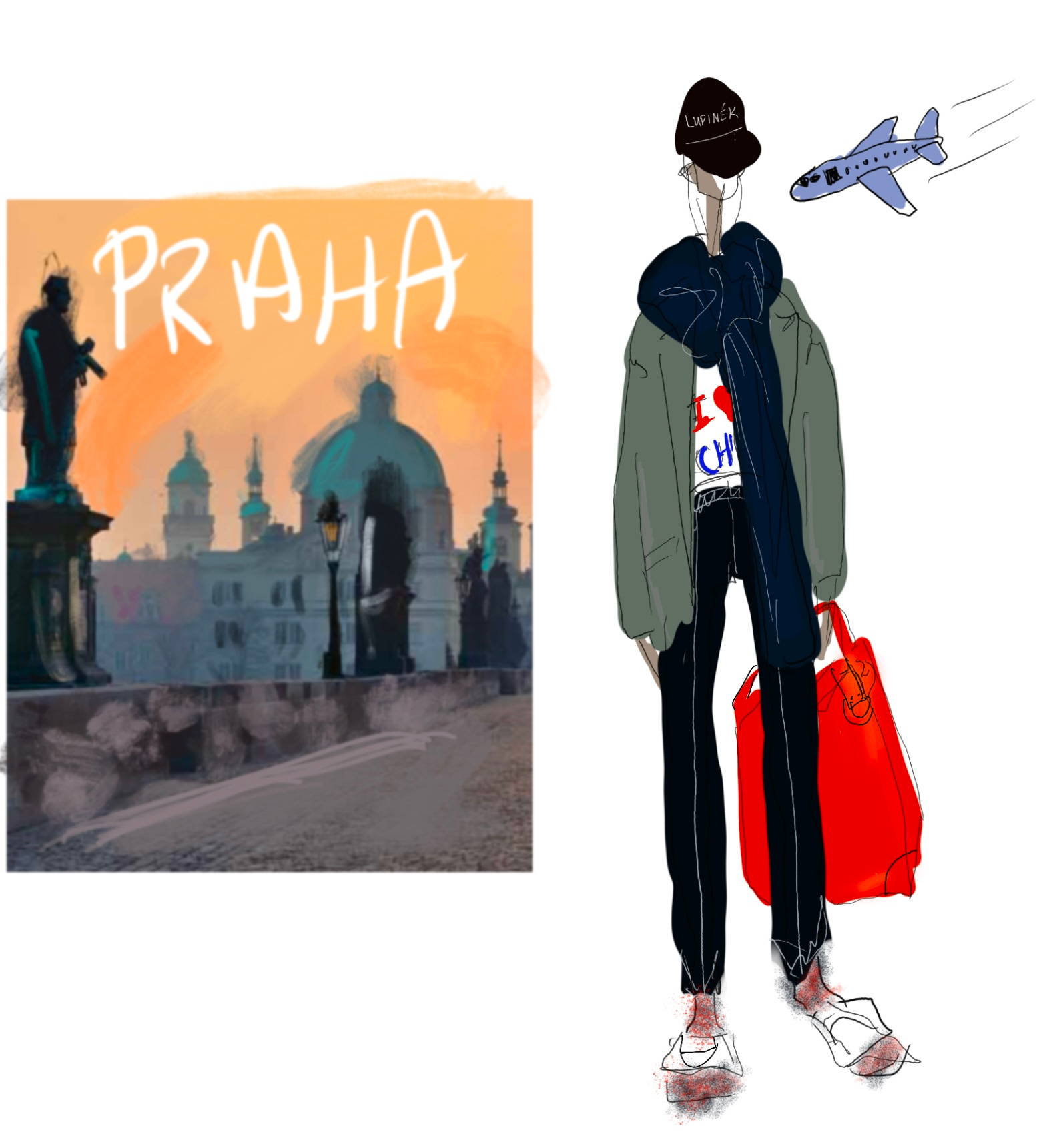 illustration of woman in travel outfit with Prague postcard