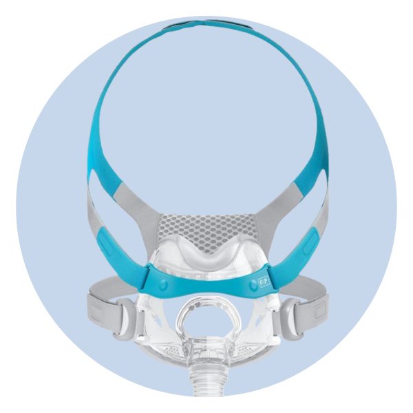CPAP mask with adjustable headgear and a clear design.