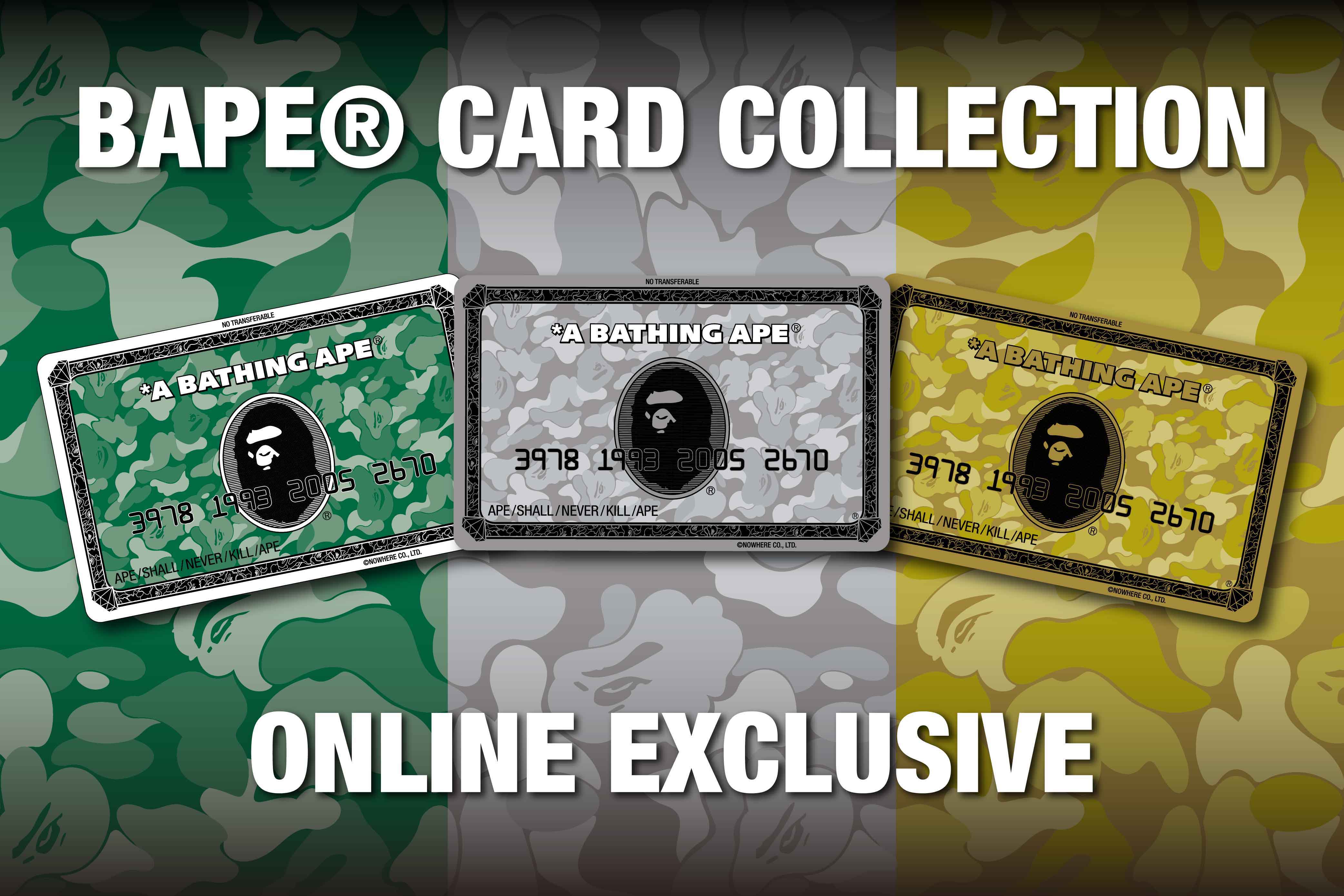 BAPE® card collection featuring three cards in different colors, online exclusive.