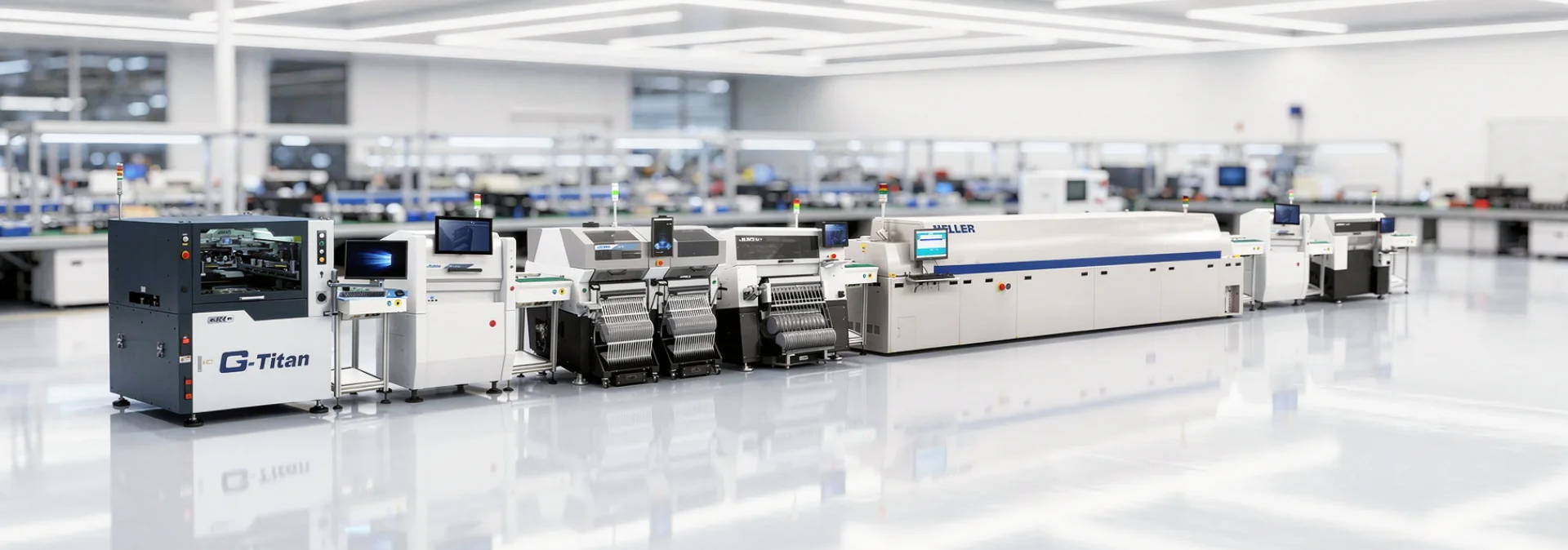 Modern manufacturing facility with advanced machinery and bright, clean environment.