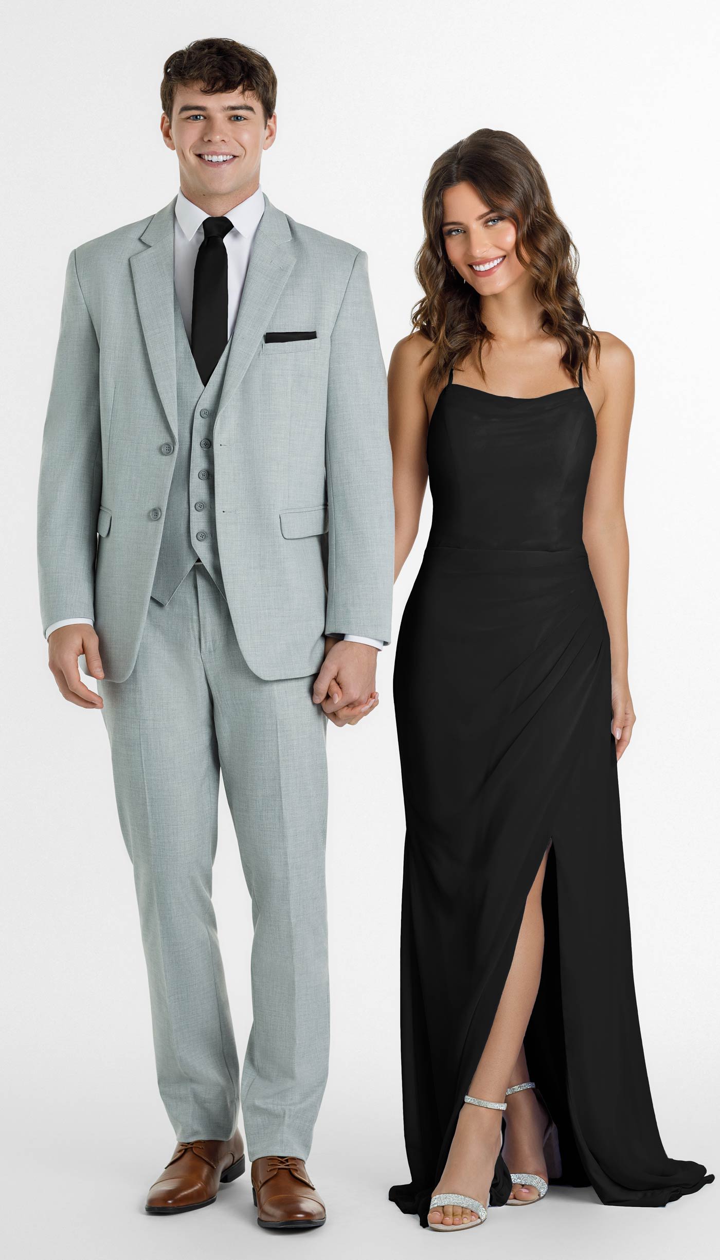 light grey suit with black bridesmaid dress 