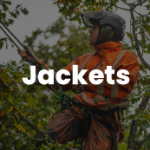 Person in orange jacket climbing a tree with tools.