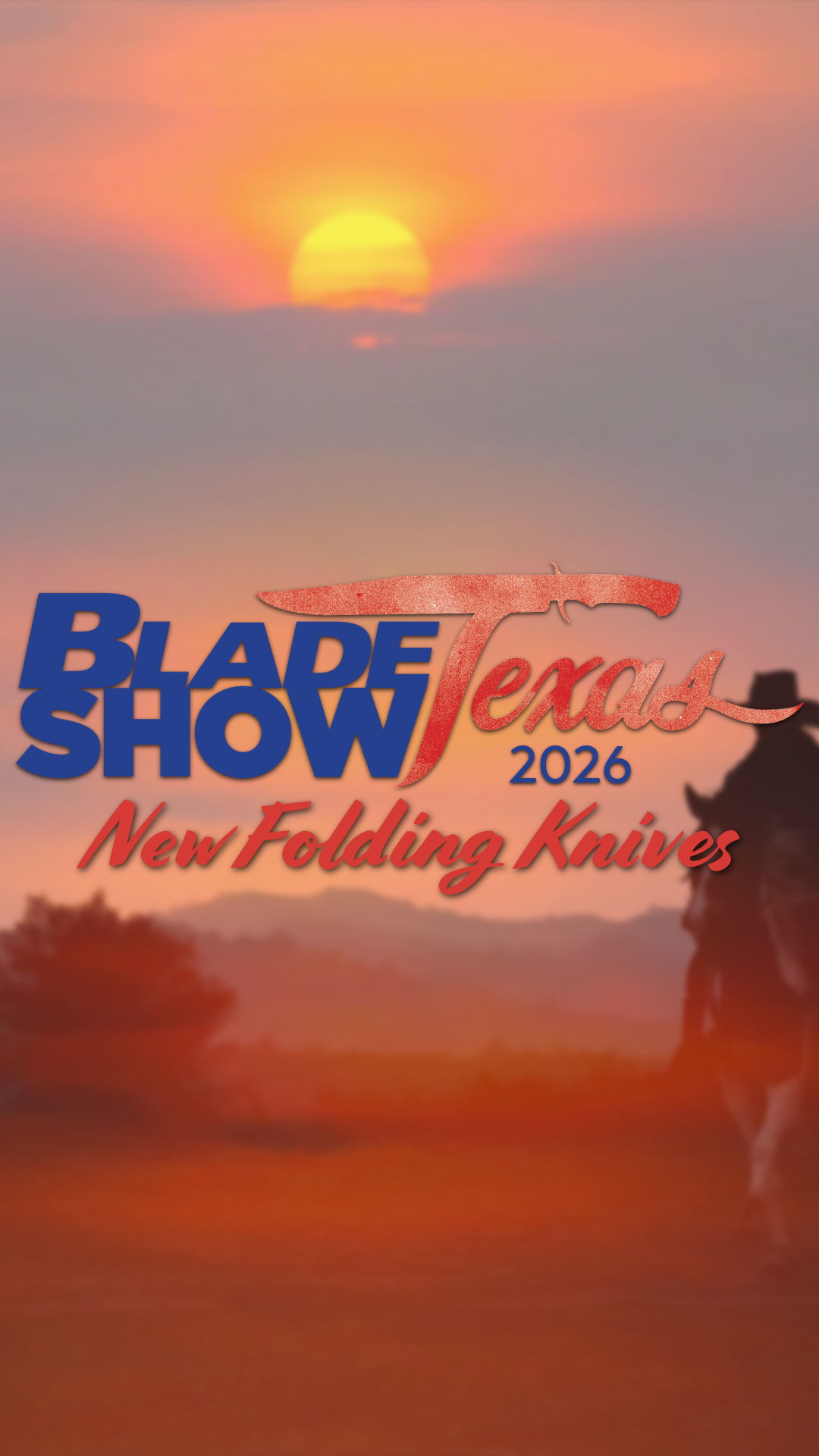 Blade Show Texas 2026, featuring new folding knives against a sunset backdrop.
